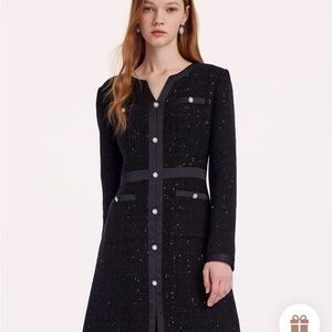 Black Sequins Notched Round Collar Wool Tweed Dress